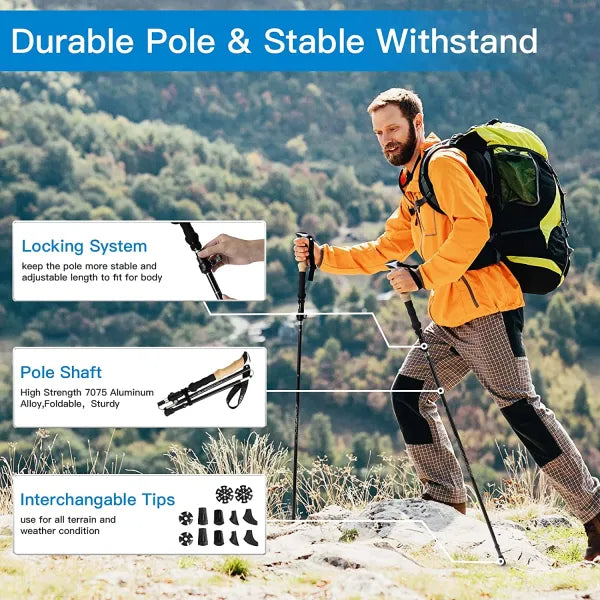 Hiker using Night Cat trekking poles on a mountain trail, with locking system, aluminium shaft and tips labelled