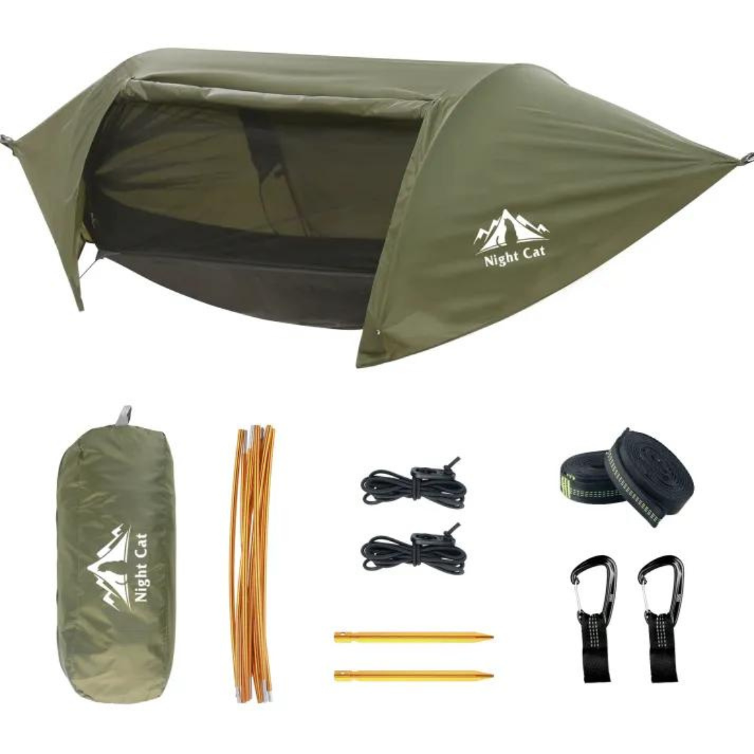 Night Cat hammock tent in green with rainfly, shown with its carry bag, poles, straps and carabiners