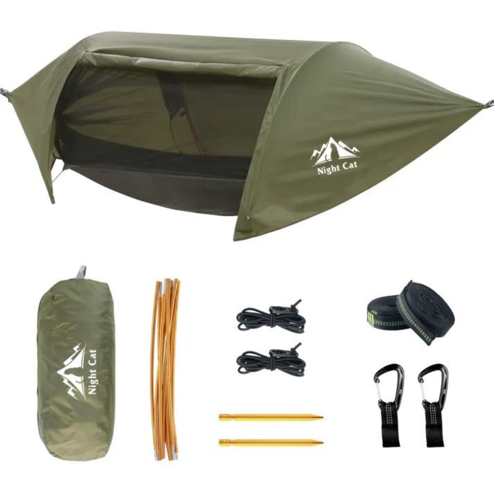 Night Cat hammock tent in green with rainfly, shown with its carry bag, poles, straps and carabiners