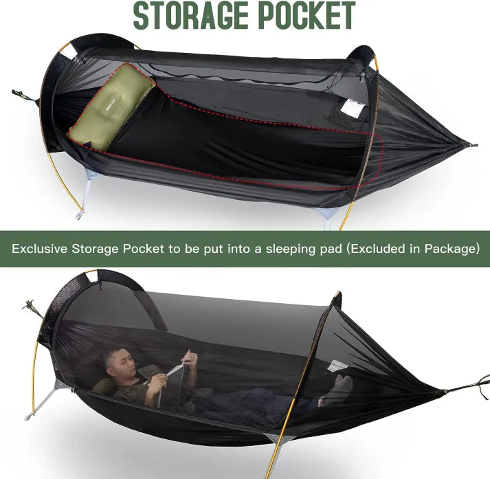 Night Cat hammock tent storage pocket for a sleeping pad, with a person lying inside