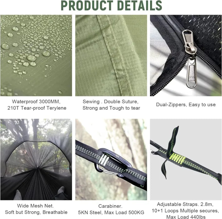 Night Cat hammock tent details: 3000mm waterproof fabric, double stitching, dual zips, mesh net, carabiners and adjustable straps