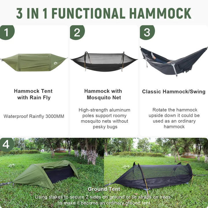 Night Cat hammock tent 3-in-1 use: hammock tent with rainfly, hammock with mosquito net, classic hammock or swing, plus ground tent mode