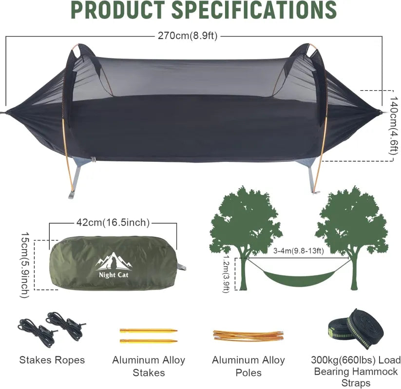Night Cat hammock tent specifications: 270cm long, packs to 42cm, includes stakes, ropes, aluminium poles and tree straps