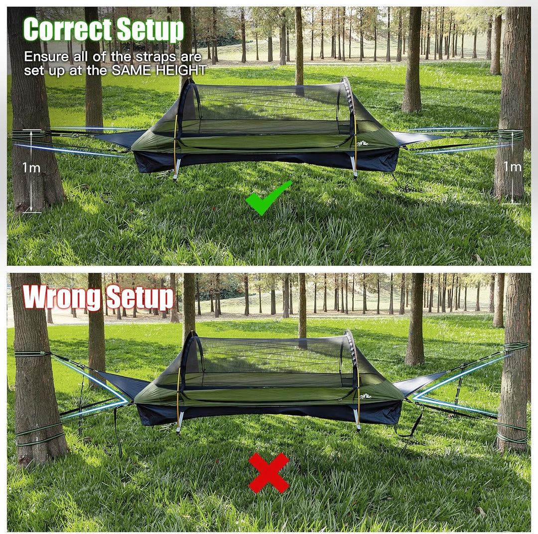 Setup guide for the Night Cat hammock tent showing correct strap height at 1m versus an incorrect uneven setup