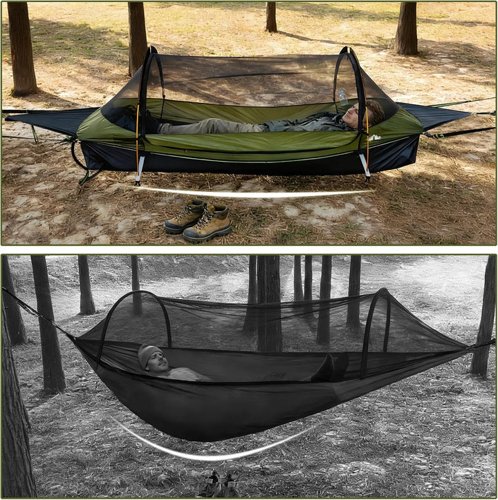 Night Cat hammock tent shown in green and camouflage with built-in mosquito net, occupied between trees