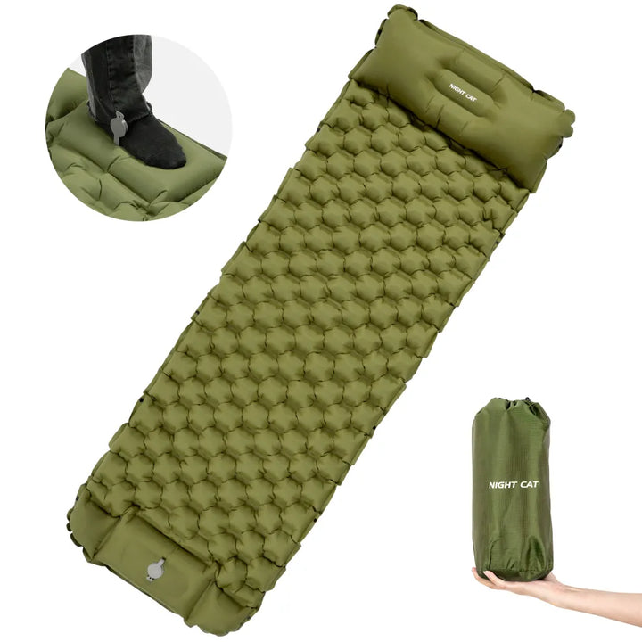 Night Cat inflatable sleeping pad in green with built-in pillow, foot pump and carry bag