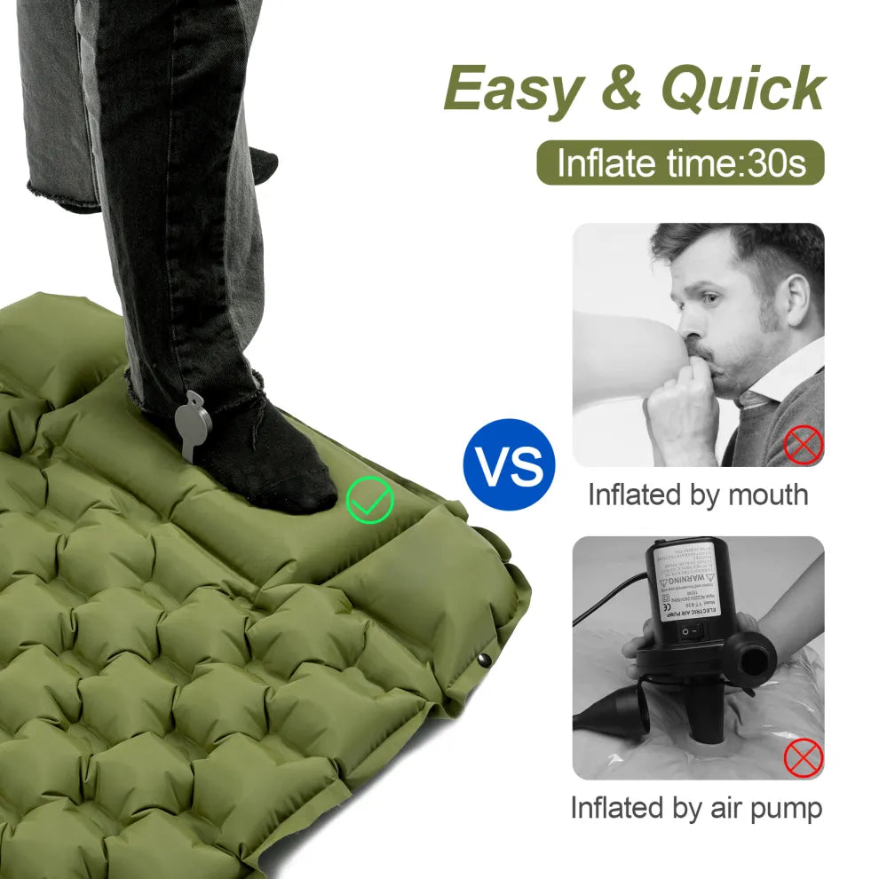 Night Cat sleeping pad inflates in 30 seconds with the built-in foot pump, no mouth or electric pump needed