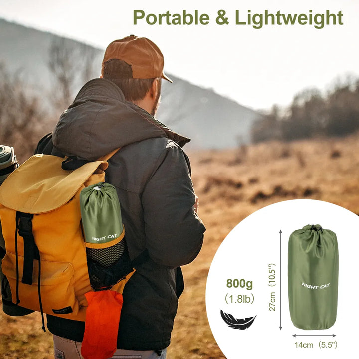 Hiker carrying the Night Cat sleeping pad in its 800g bag strapped to a rucksack