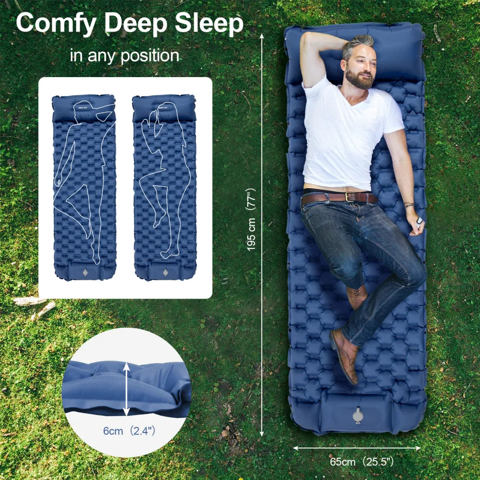 Man lying on the Night Cat sleeping pad in blue, 195 x 65cm and 6cm thick