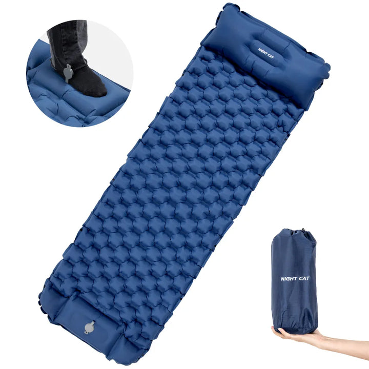 Night Cat inflatable sleeping pad in blue with built-in pillow, foot pump and carry bag