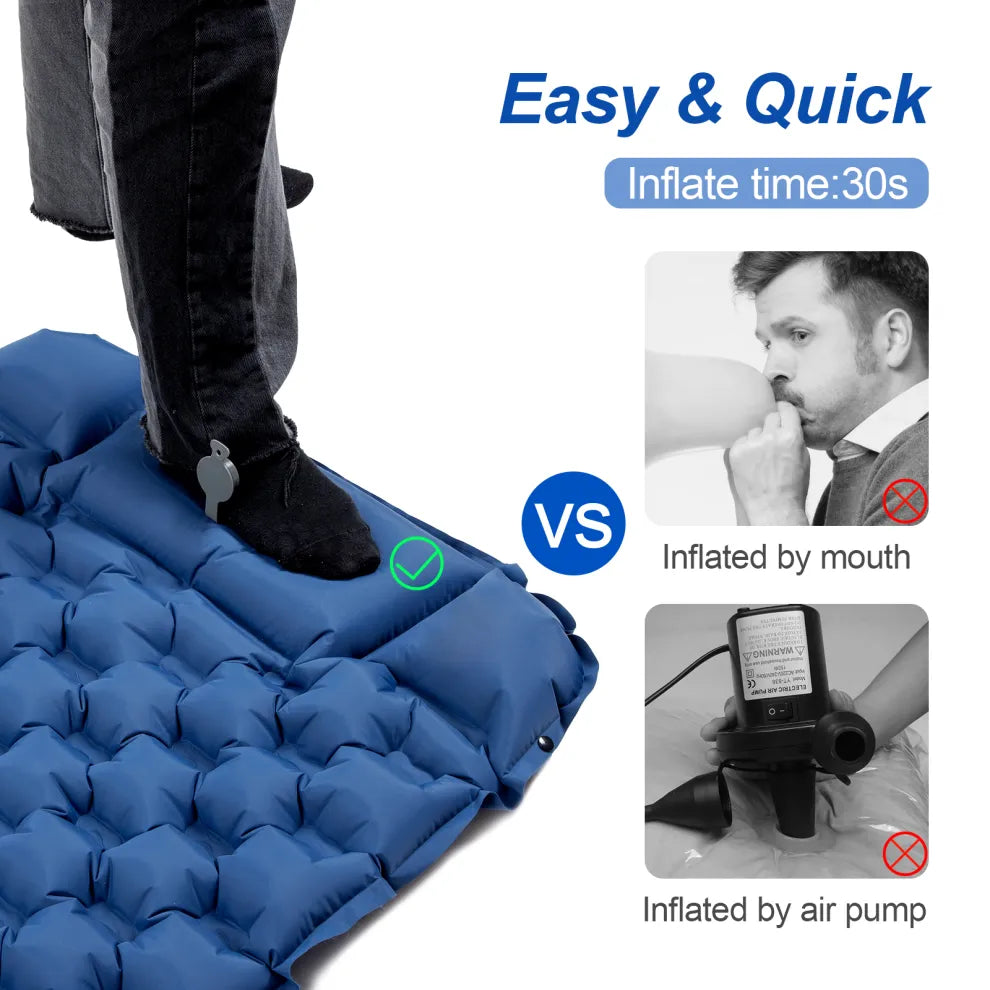 Night Cat blue sleeping pad inflates in 30 seconds with the built-in foot pump