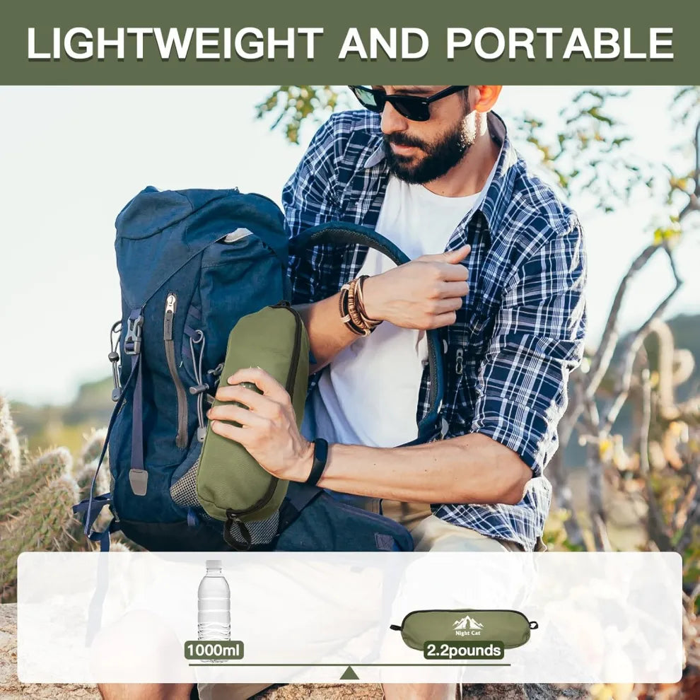 Night Cat lightweight and portable camping chair, easily packed into a compact case and shown next to a hiker's backpack, illustrating its size comparison to a 1000ml bottle and weighing only 2.2 pounds.