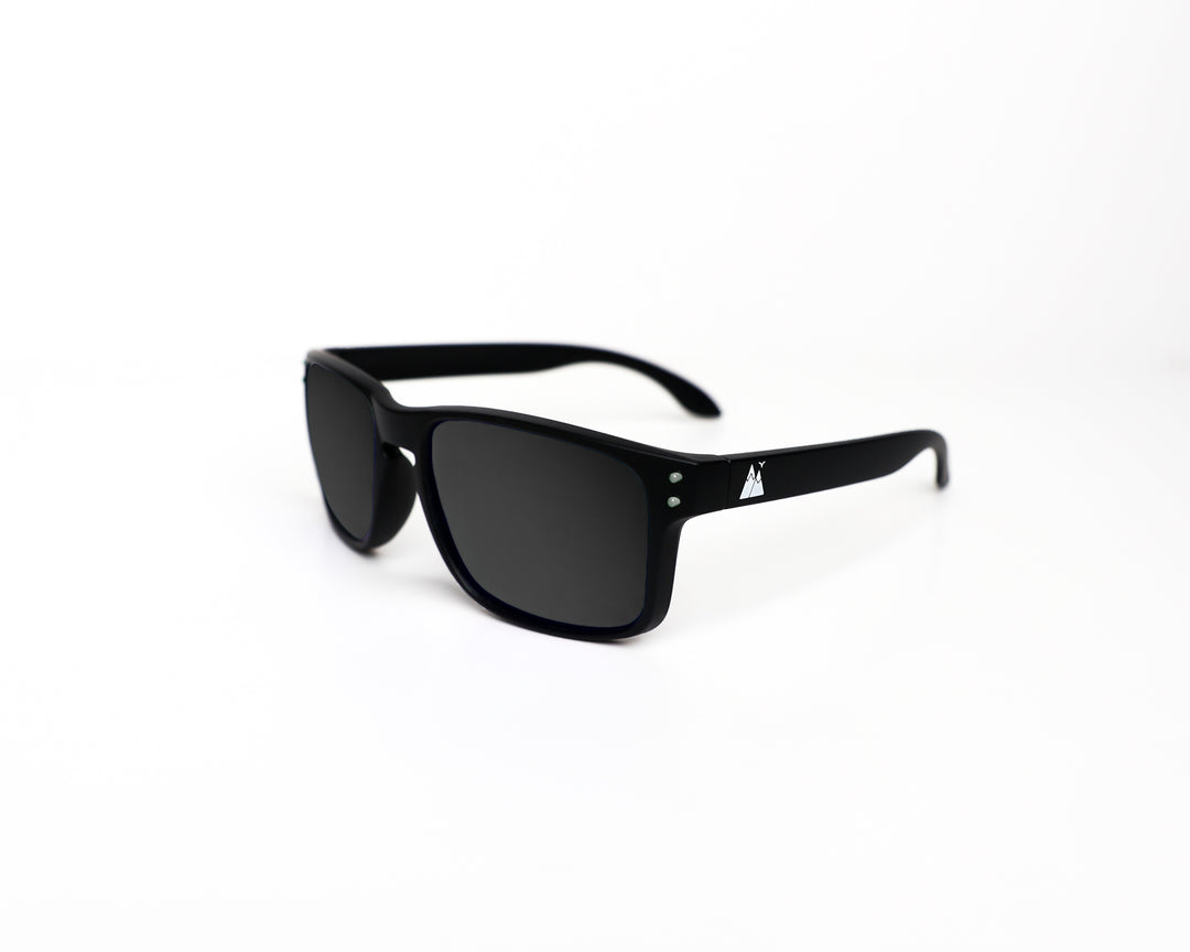 Black Night Cat polarised sunglasses with a sleek matte finish, featuring a subtle mountain logo on the temple and dark tinted lenses, displayed against a clean white background.