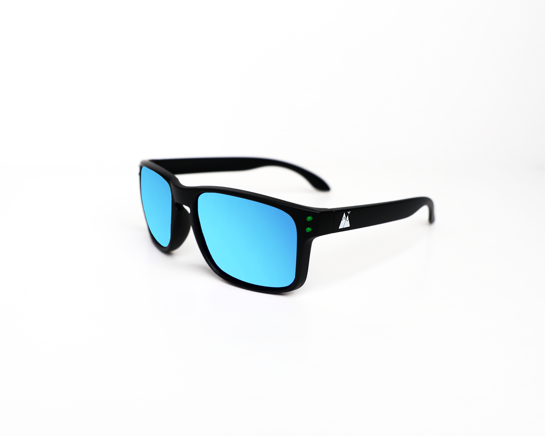 Blue Night Cat polarised sunglasses with a stylish matte finish, showcasing the mountain logo on the temple and dark tinted lenses, presented on a clean white background.