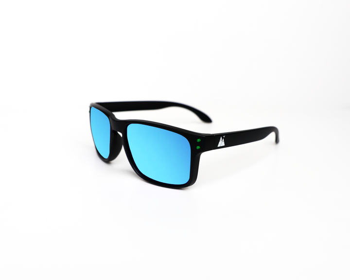 Blue Night Cat polarised sunglasses with a stylish matte finish, showcasing the mountain logo on the temple and dark tinted lenses, presented on a clean white background.