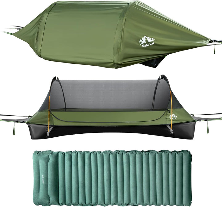Night Cat Pro flat-lay hammock tent in green showing the rainfly, mosquito-net inner and included inflatable sleeping pad