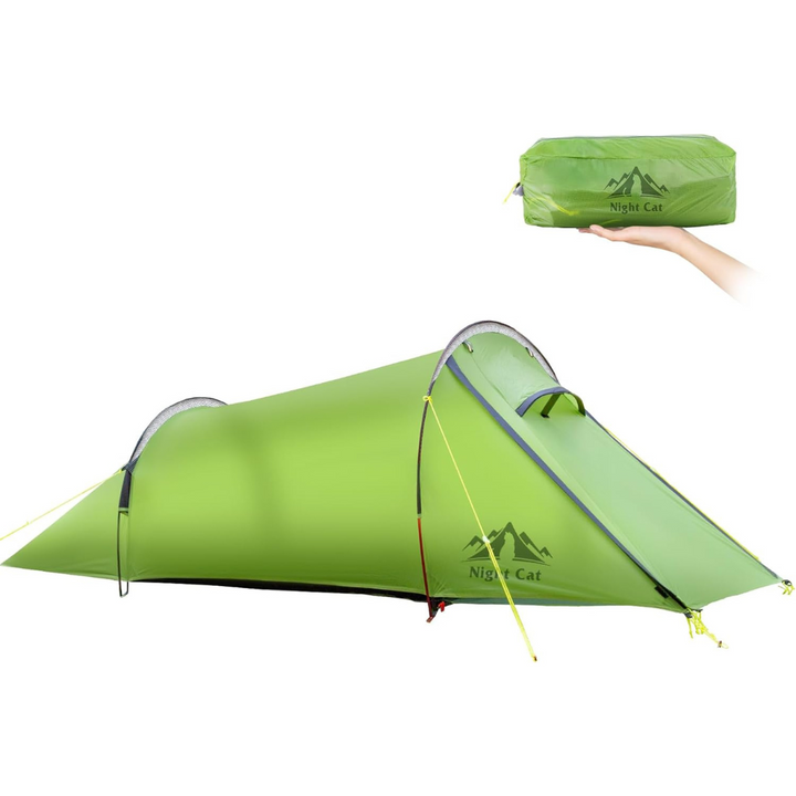 Night Cat Ultralight Tent shown fully pitched with packed size held in hand for comparison