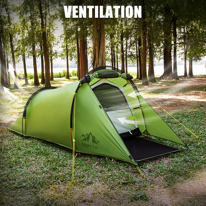Ventilated Night Cat tent with mesh front and rear windows allowing airflow through the shelter