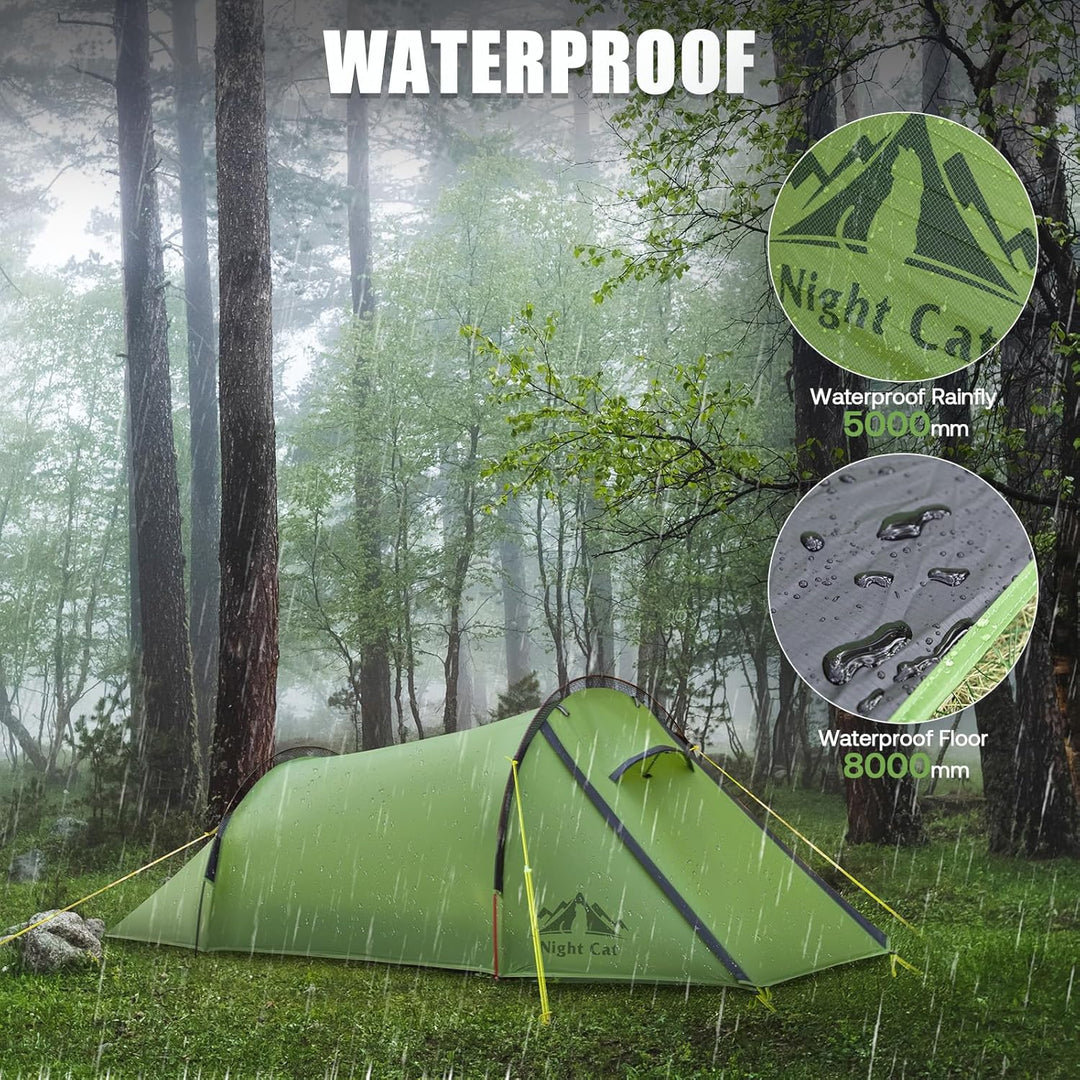 Night Cat tent pitched in rain showing 5000mm rainfly and 8000mm floor waterproof ratings