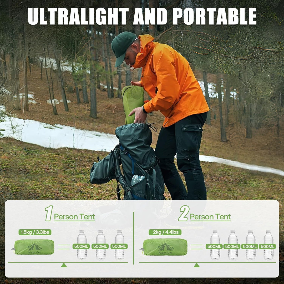 Ultralight Night Cat tent comparison showing 1-person vs 2-person weight alongside water bottles
