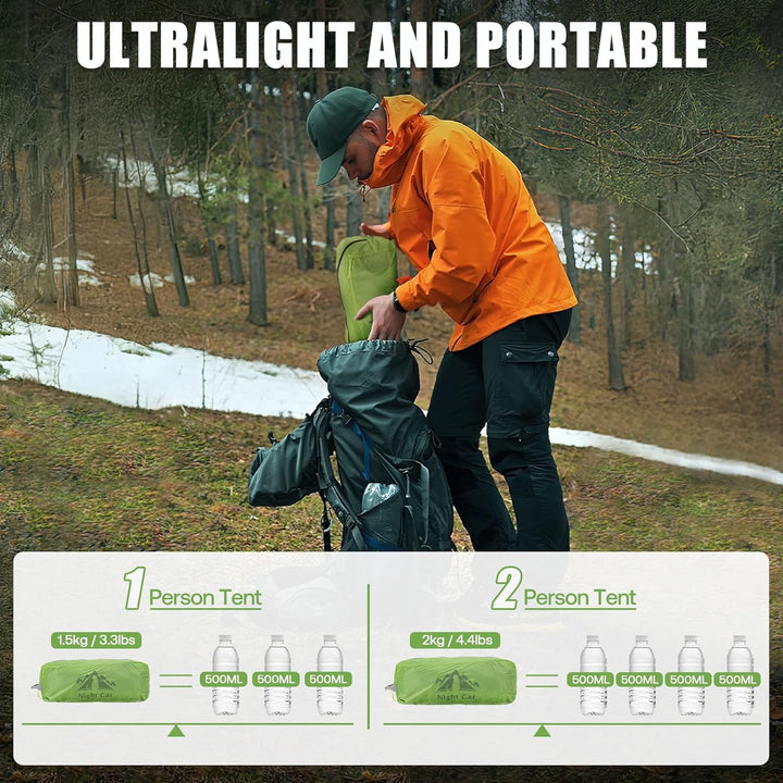 Ultralight Night Cat tent comparison showing 1-person vs 2-person weight alongside water bottles