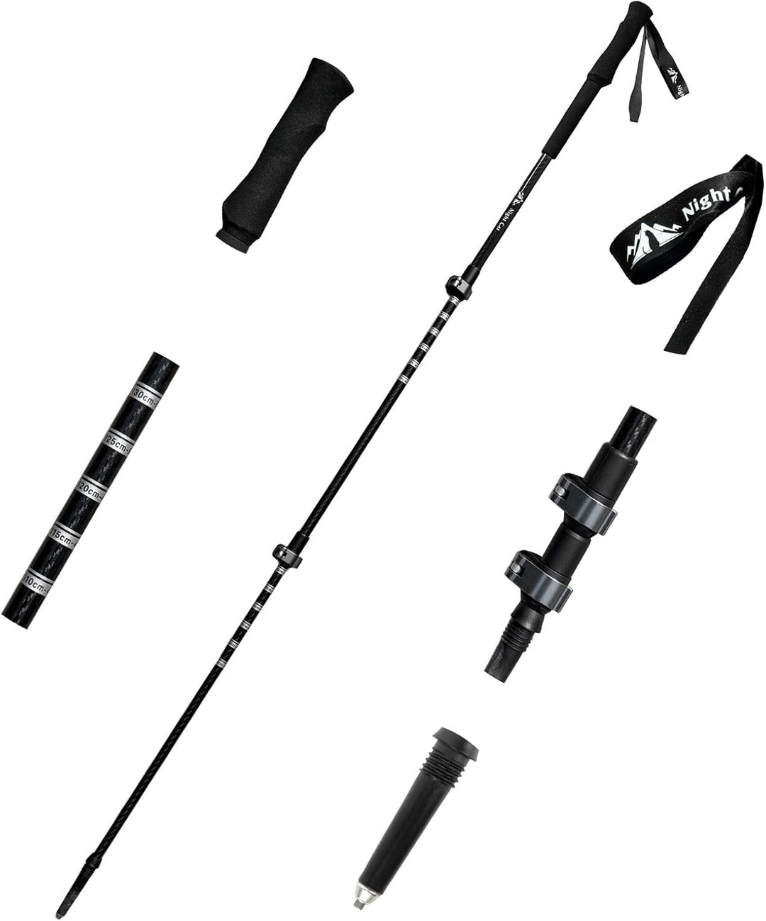 Detail view of the Night Cat trekking pole showing the cork grip, padded wrist strap, flip-lock adjustment and measurement markings