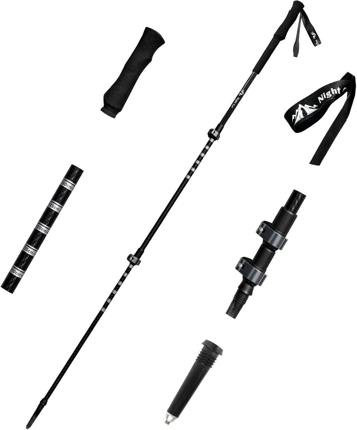 Detail view of the Night Cat trekking pole showing the cork grip, padded wrist strap, flip-lock adjustment and measurement markings