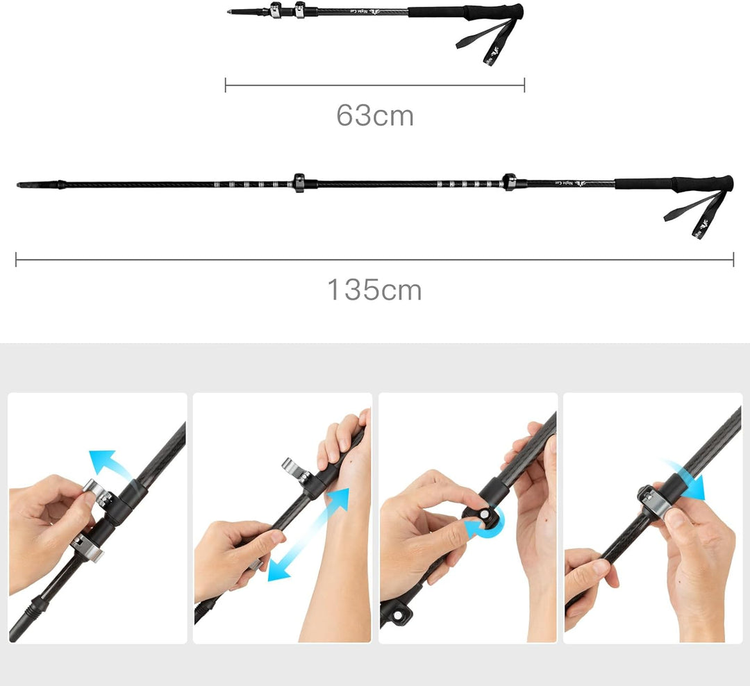 Night Cat trekking poles adjustable from 63cm to 135cm with a step-by-step flip-lock adjustment guide