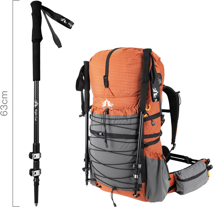 Night Cat trekking pole collapsed to 63cm shown attached to a hiking backpack for easy carrying