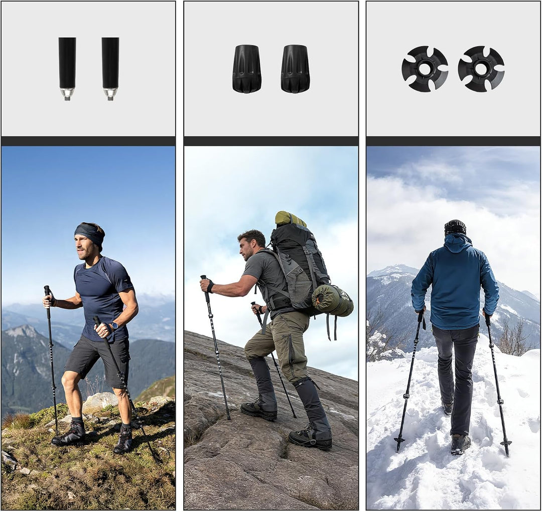 Hikers using Night Cat trekking poles on grass, rock and snow, with insets of the interchangeable metal tips, rubber feet and snow baskets
