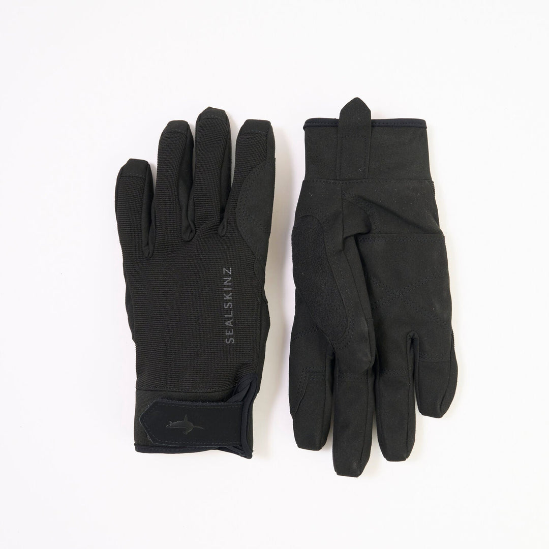 Sealskinz Harling black waterproof glove showing PU suede grip palm