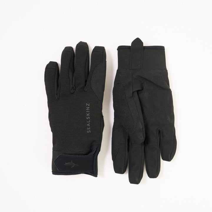 Sealskinz Harling black waterproof glove showing PU suede grip palm