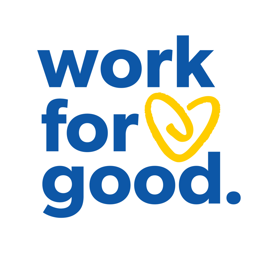 Work for Good charity logo with blue text and yellow heart icon