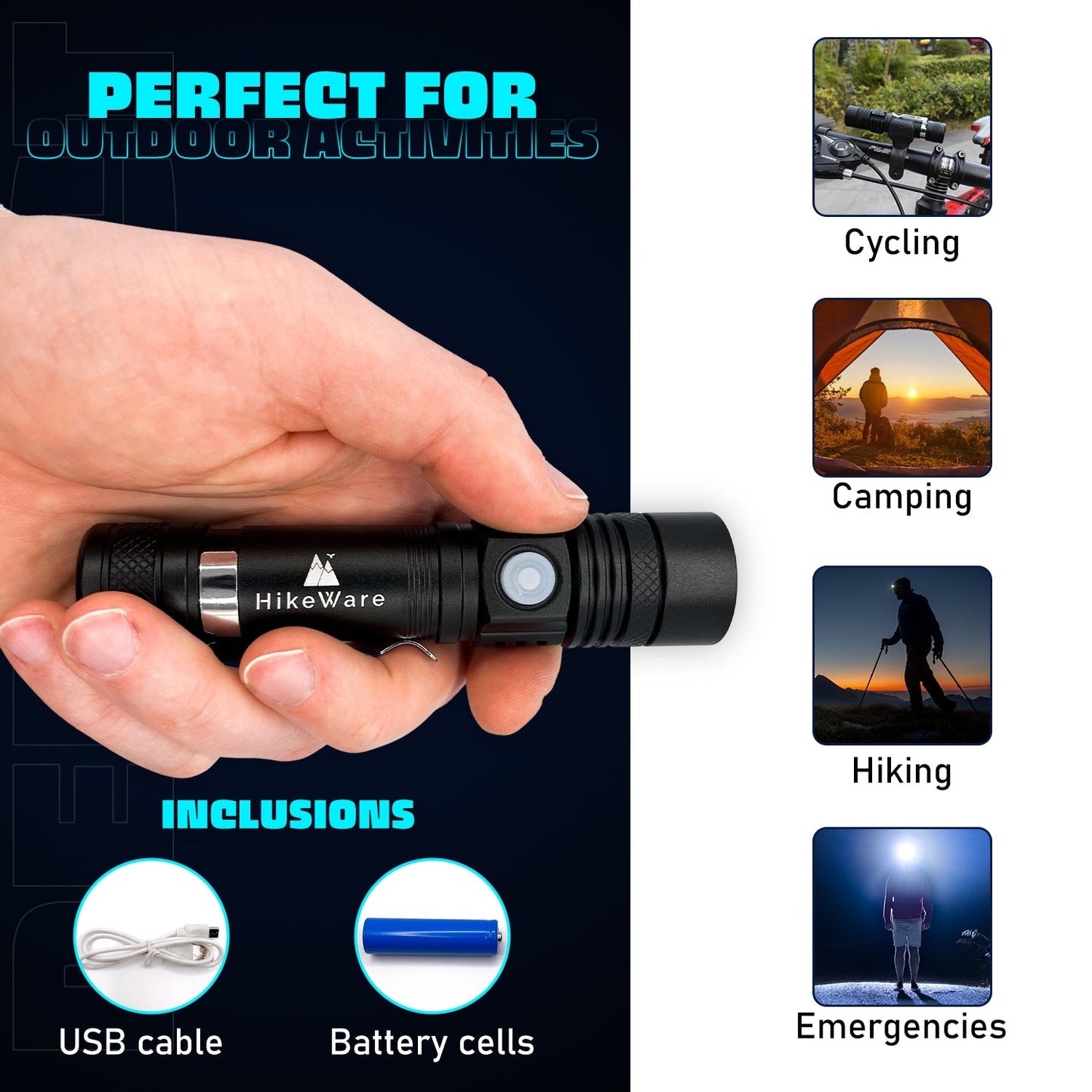 HikeWare Ultra Bright LED Flashlight. Waterproof, Zoomable, USB Rechargeable - HikeWare  Experience the power of HikeWare's Ultra Bright LED Flashlight. Waterproof, lightweight, and 10x brighter than incandescent lights.