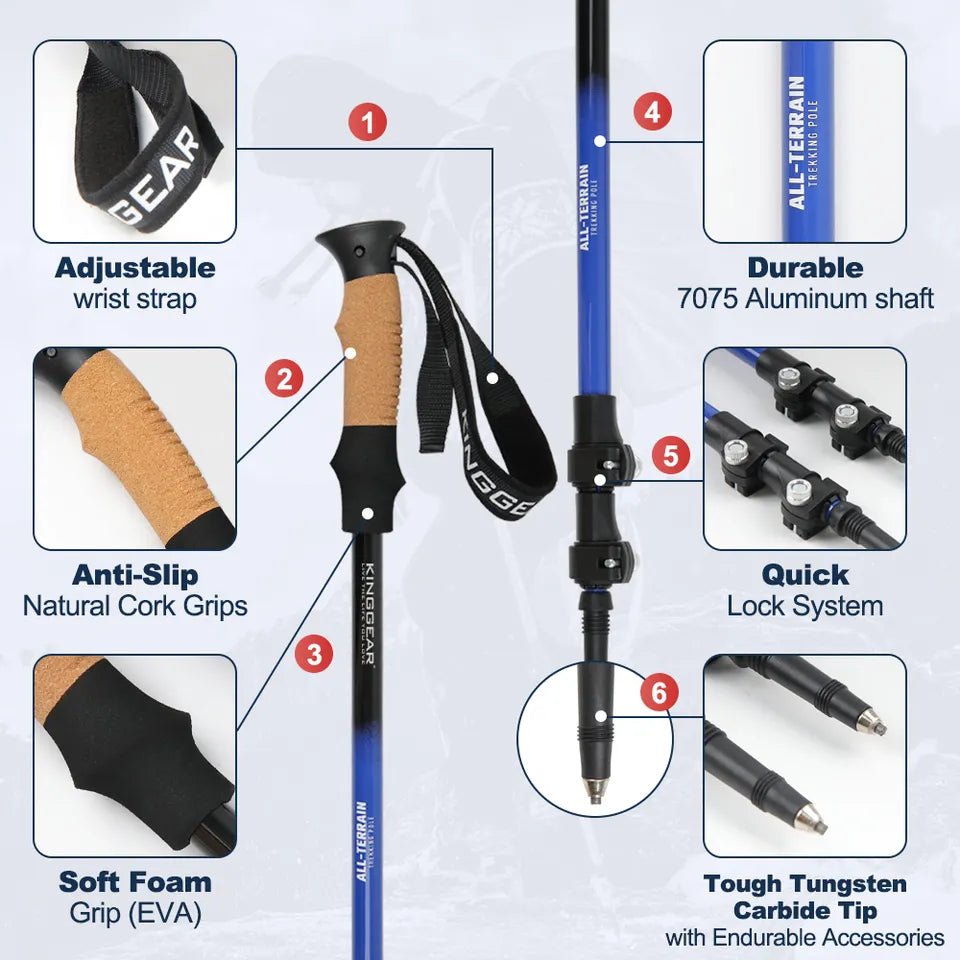 KingGear Aluminium Hiking Poles - HikeWare  Discover KingGear hiking poles – your perfect outdoor adventure companion! With durable design, anti-slip cork handles, and adjustable straps.