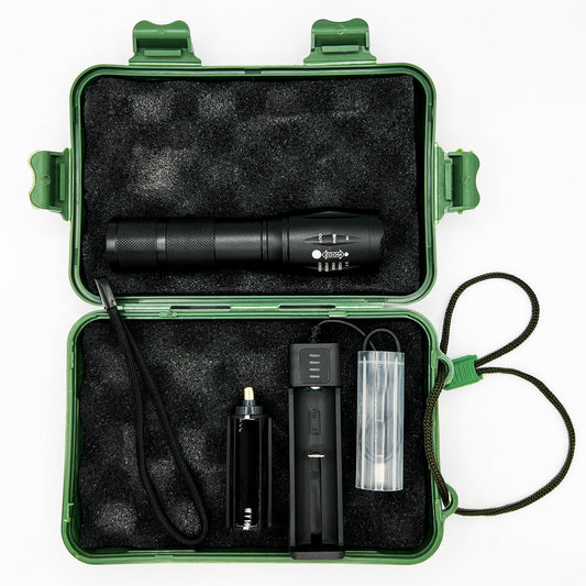 Tactical LED Flashlight & Carry Case - HikeWare  Upgrade your camping gear with this high-power 1000 lumens Tactical LED Flashlight. Versatile and reliable for all environments.